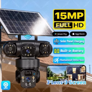 15MP 8K Wifi IP Camera Three Lenses Solar Outdoor Waterproof Camera Night Vision Two-Way Audio Human Detect Security Cam CCTV