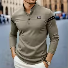 2025 New Men's Casual Fashion Solid Color Long Sleeved Polo Shirt Stand Up Collar Versatile Comfortable Top