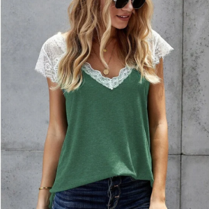 Women's V Neck Lace Vest Summer Casual Short-sleeved Top