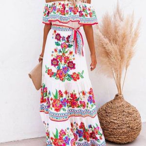 One-shoulder red flower print long swing dress.
