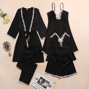 Ice silk pajamas women's summer five-piece long-sleeved suspender nightdress thin section sexy lace with chest pad home clothes