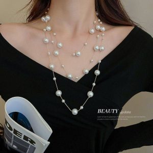 Long Pearl Collar Necklaces Multi Layer Pearl Necklace Women Fine Jewelry Necklace