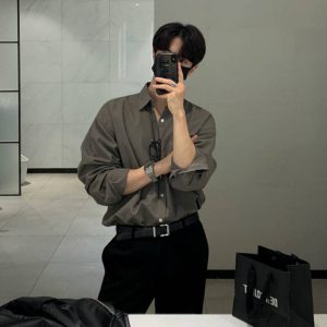 Long sleeved shirt men's autumn senior sense men's Korean version slim fitting inch shirt coat men's solid casual shirt