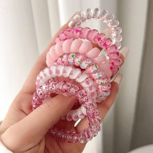 6pcs/bag Gradient Color Pattern Printed Telephone Wire Hair Ties Girls Hair Band and Bracelet Beautiful Elastic Rubber Band