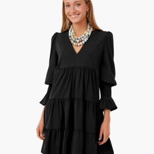 Lantern sleeve V-neck mid-dress