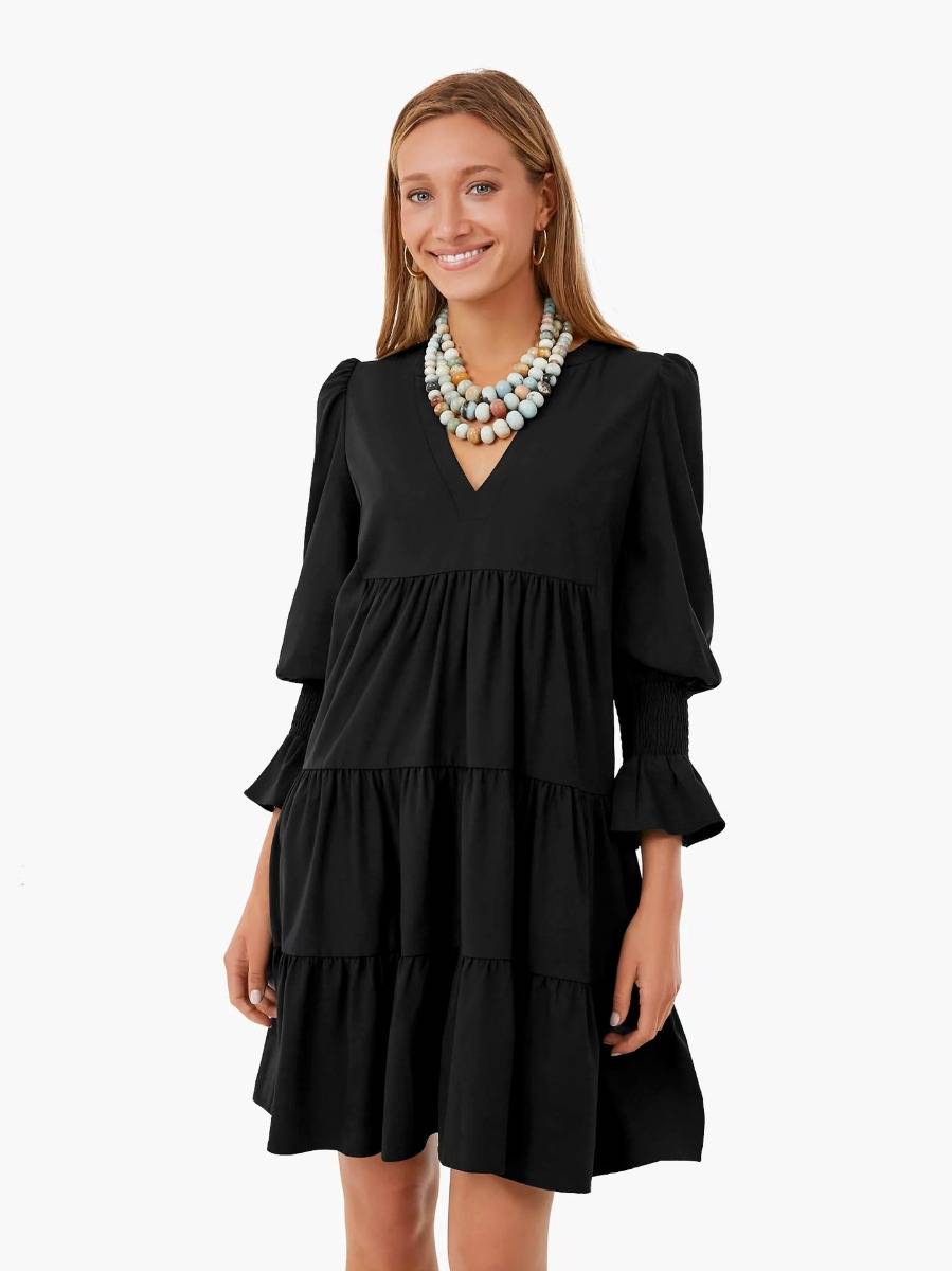 Lantern sleeve V-neck mid-dress
