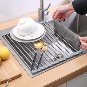 A8015 Multifunctional Foldable Silica Gel Stainless Steel Sink Kitchen Drain Rack for Plate Cups Fruits Vegetables