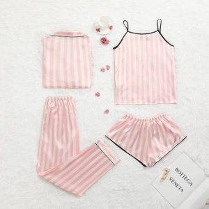 new spring and summer fashion women's ice silk four-piece suspender pajamas women's thin striped sweet home clothes