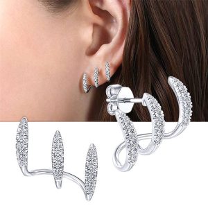 Niche design sense three claw ear clips high quality zirconia earrings with simple curved curve