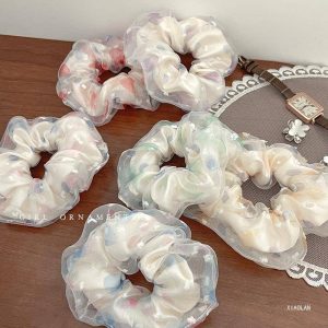 Fairy double layer organza flower printed hair bands women girls hair scrunchies