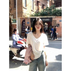 Fashion simple V-neck solid women Joker short sleeve T-shirts