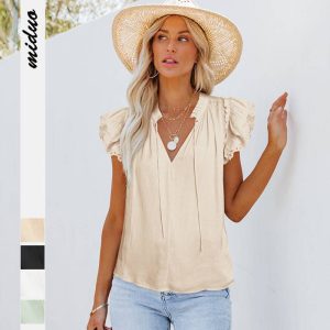 GMD 2023 Summer hot sale New V Collar lace-up flounce sleeve casual fashion women's clothing satin