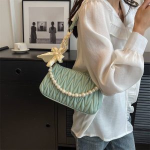 Niche design fashion pearl women's bag 2023 new foreign style fold embroidery thread Korean version retro one shoulder small square bag