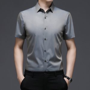 Short-Sleeved Shirt Men's Non-Iron Business Casual Pure Color Thin Silky Bamboo Fiber Summer New Clothing