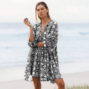 2023 summer European and American fashion women's floral floral tied rope loose casual cotton dress seaside holiday short skirt on behalf of the