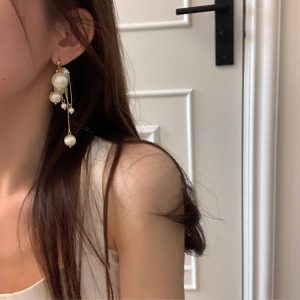 Super fairy size cotton pearl tassel earrings female niche exaggerated personality versatile temperament fashion earrings stud earrings