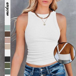 Zacavia Ladies Blouse Solid Color Printed Crew Neck Tank Top Fashion Casual Ladies T Shirt Sleeveless Women Shirt