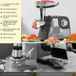 Juissiart Meat Grinder, 2500W Max Stainless Steel Meat Grinder Electric, ETL Approved Meat Mincer w/ Blade, 3 Plates, Sausage Stuffer Tube & Kubbe