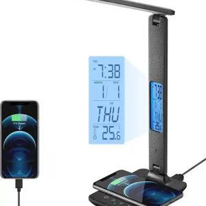 Wireless Charger Led Desk Lamp with USB Charging Port Clock Alarm Date Temperature for Home Office