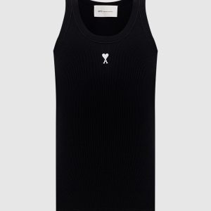 Black ribbed T-shirt with embroidered emblem Ami Paris