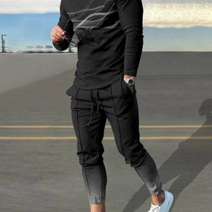 Black Gradient Lines Print Long Sleeve T-Shirt And Pants