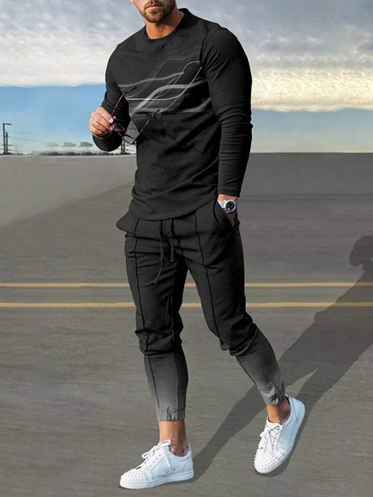 Black Gradient Lines Print Long Sleeve T-Shirt And Pants