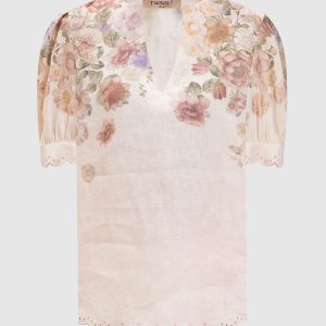 Beige linen blouse with floral print Twinset