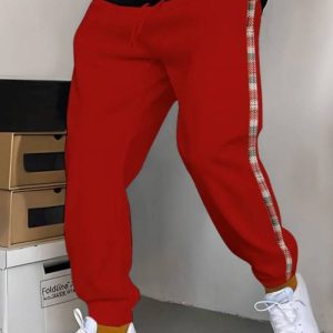 Men's Plaid Patchwork Joggers with Elastic Waist