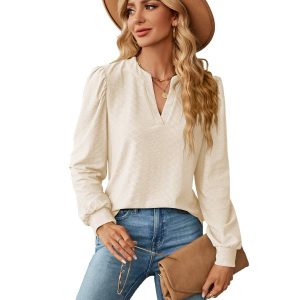 2023 European and American cross-border foreign trade autumn and winter new solid color V-neck jacquard long-sleeved loose T-shirt tops for women