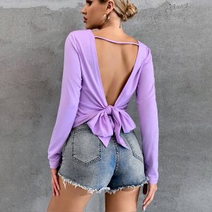 European and American women's clothing hollow backless running breathable fitness clothing bottoming blouse strapped T-shirt long-sleeved sweater