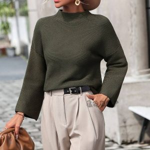 2023 autumn and winter European and American cross-border pullover Amazon hot style loose women's sweater nine-quarter sleeve solid color sweater