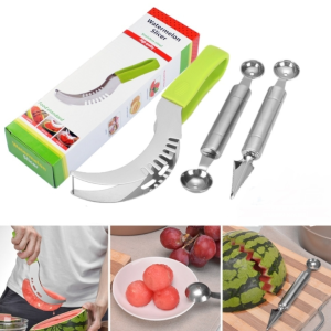 Three-in-one creative kitchen gadgets fruit watermelon cut + carving knife + double-headed fruit digging knife three-piece set