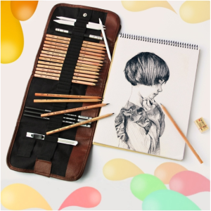 Beginner Sketching Tools (18 PCS Sketching Pencils + Charcoal Pencil + Erasers + Pen Curtain + Art Knife) Sketching Set(Black)