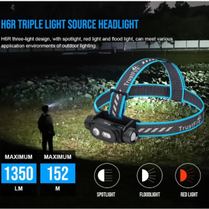 TrustFire H6R Headlamp 1350 Lumens 152 Meters Headlamp Range USB-C Rechargeable Led Flashlight 8 Modes Headlamp with Floodlight, Spotlight, Red Light