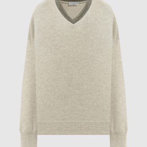 Beige cashmere pullover with monil chain Brunello Cucinelli