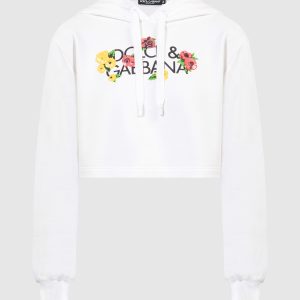 White cropped hoodie with floral logo print Dolce&Gabbana