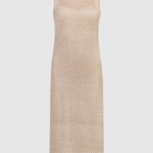 Beige openwork linen dress with fringe Peserico