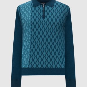 Blue wool, cashmere and silk polo shirt with geometric pattern Stefano Ricci