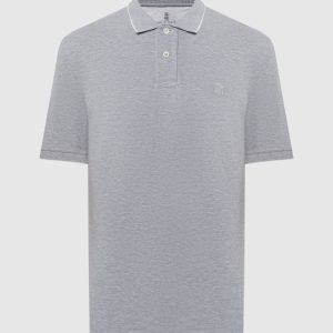 Gray melange polo with logo emblem embroidery Brunello Cucinelli
