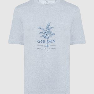 Gray melange t-shirt with logo print Brunello Cucinelli