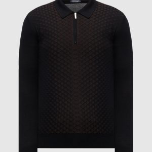 Black wool and silk polo shirt with geometric pattern Bertolo Cashmere
