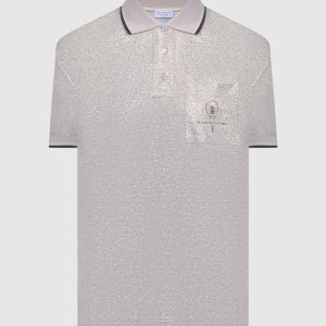 Beige Polo Shirt with Lurex and Logo Brunello Cucinelli