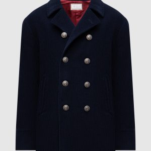 Blue double-breasted cashmere corduroy coat Brunello Cucinelli