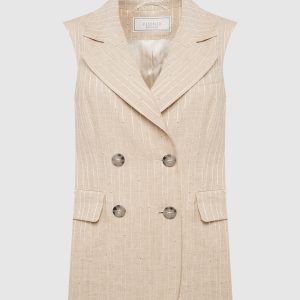 Beige double-breasted striped linen waistcoat Peserico