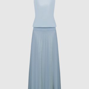 Blue wool pleated top and skirt suit Babe Pay Pls