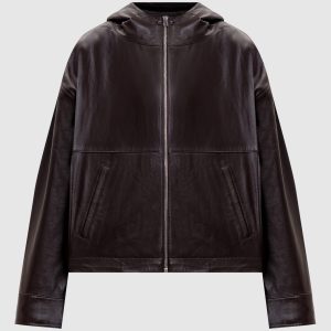 Brown leather jacket with hood Yves Salomon