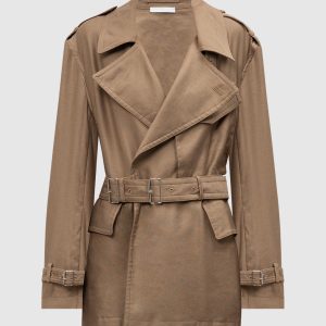 Brown double-breasted cropped RIDER trench coat with linen Helmut Lang