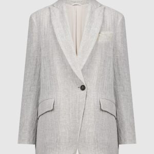 Gray linen jacket with monil chain Brunello Cucinelli