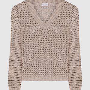 Beige openwork pullover with sequins Brunello Cucinelli
