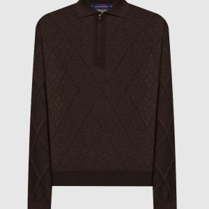Brown cashmere polo shirt with geometric pattern Stefano Ricci